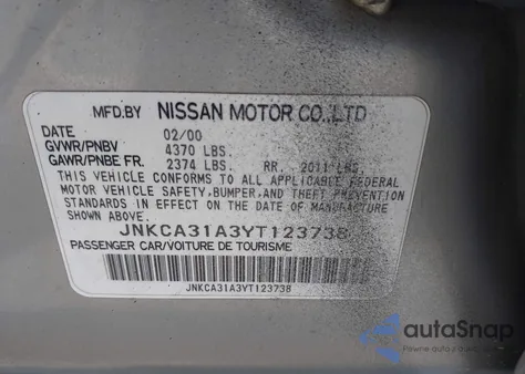 2000 Infiniti I30 Luxury/Touring from USA, damaged, VIN JNKCA31A3YT123738